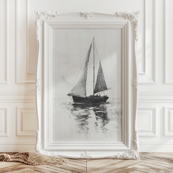Minimalist Sailboat Ink Sketch Black and White Nautical Drawing Poster