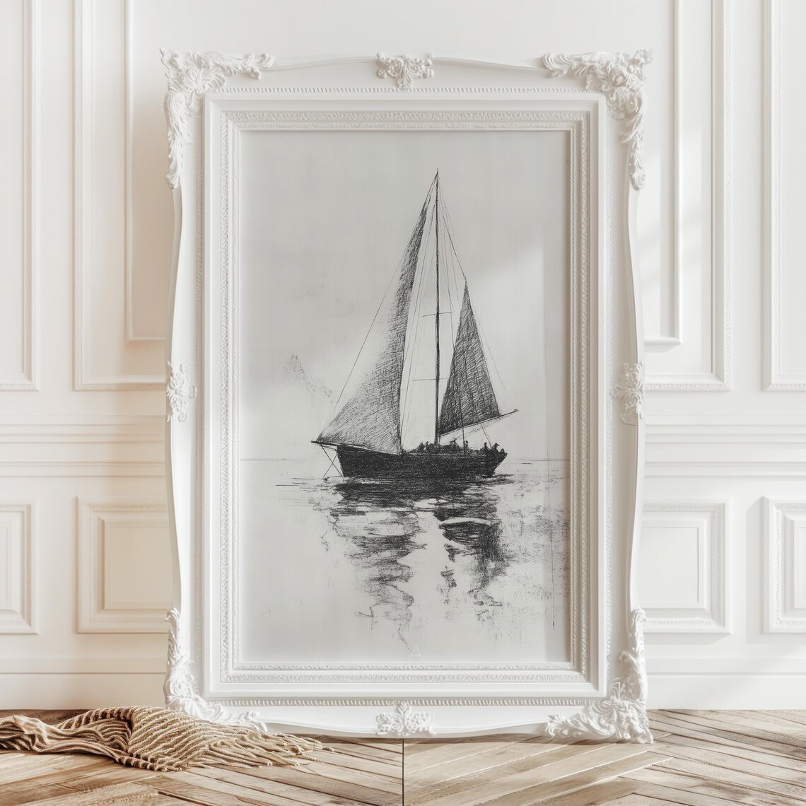 Minimalist Sailboat Ink Sketch Black and White Nautical Drawing Poster