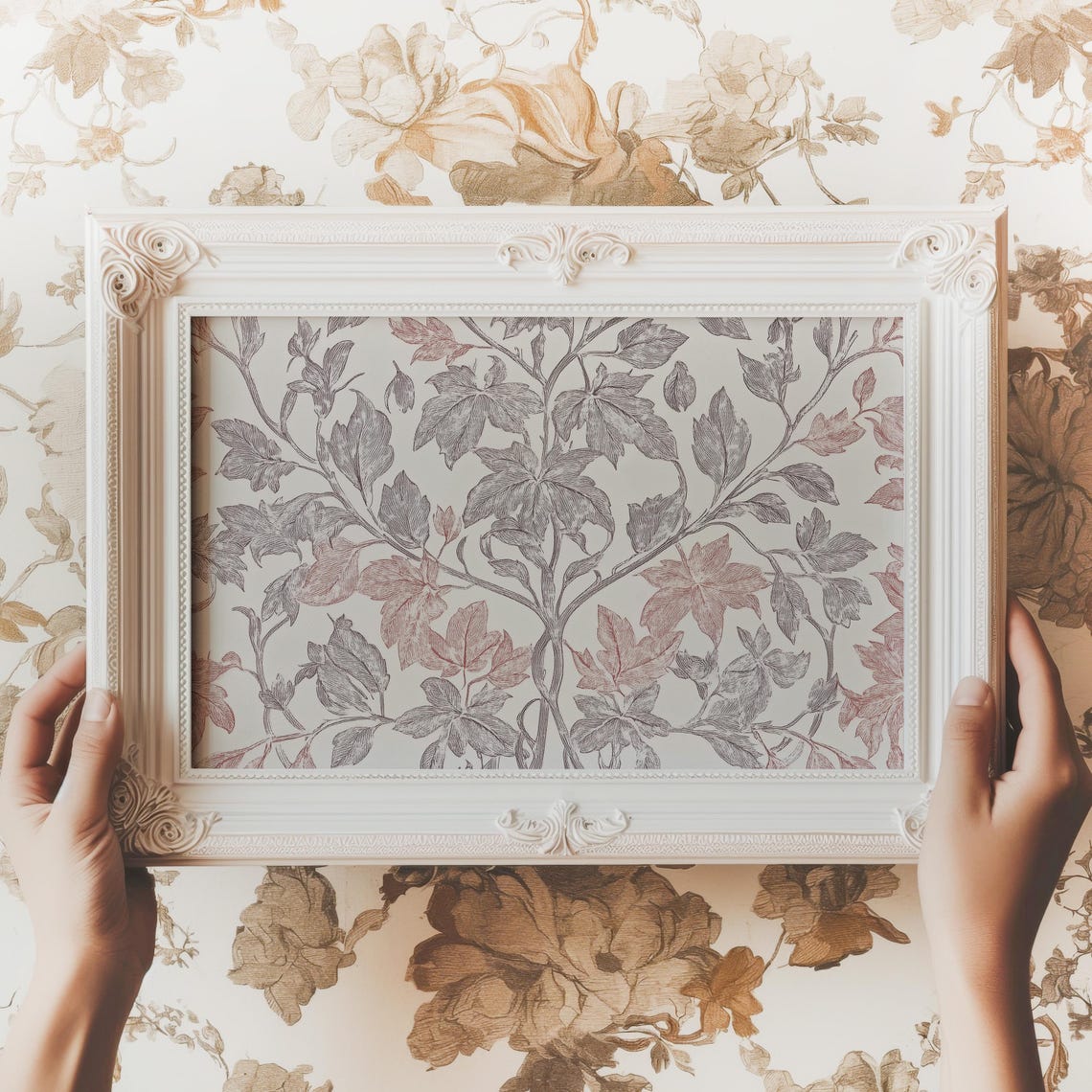 Vintage Botanical Leaf Branch Pattern in Gray and Mauve Tones Poster