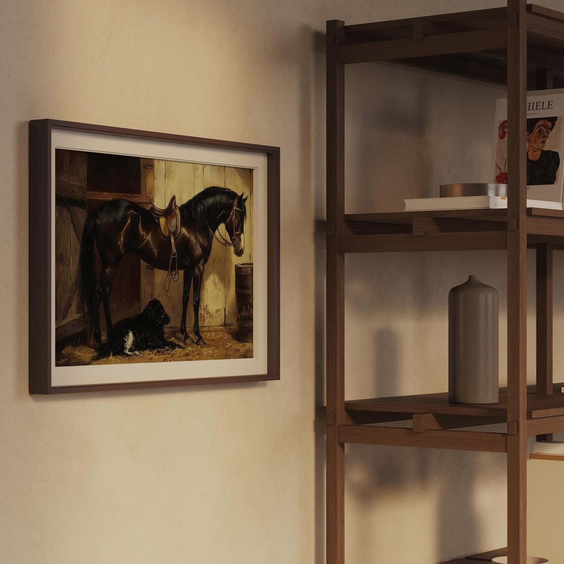 Dark Bay Horse With Black Dog Vintage Equestrian Oil Painting Poster - Image 2