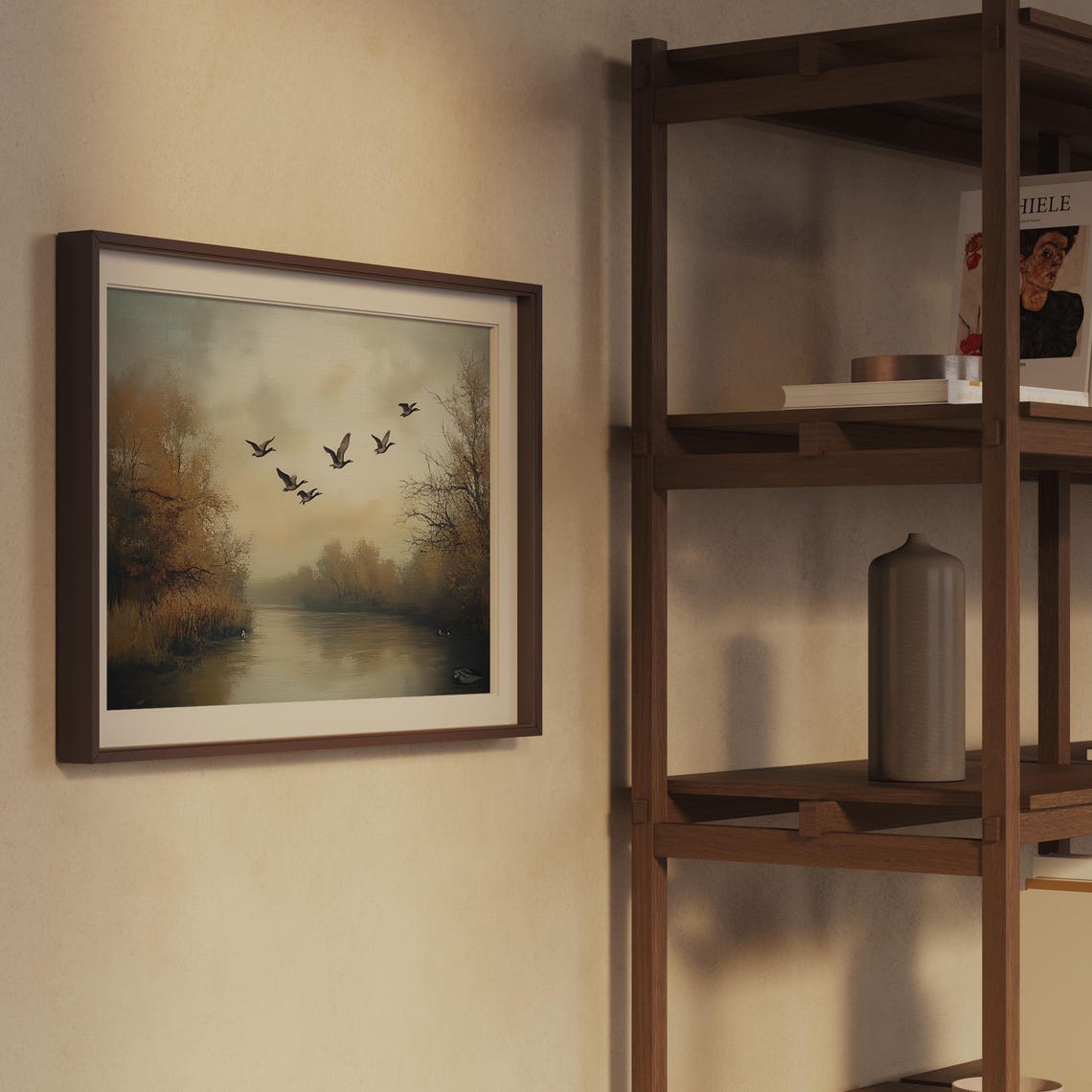 Bird Flock Misty River Vintage Muted Autumn Landscape Wall Art - Image 2
