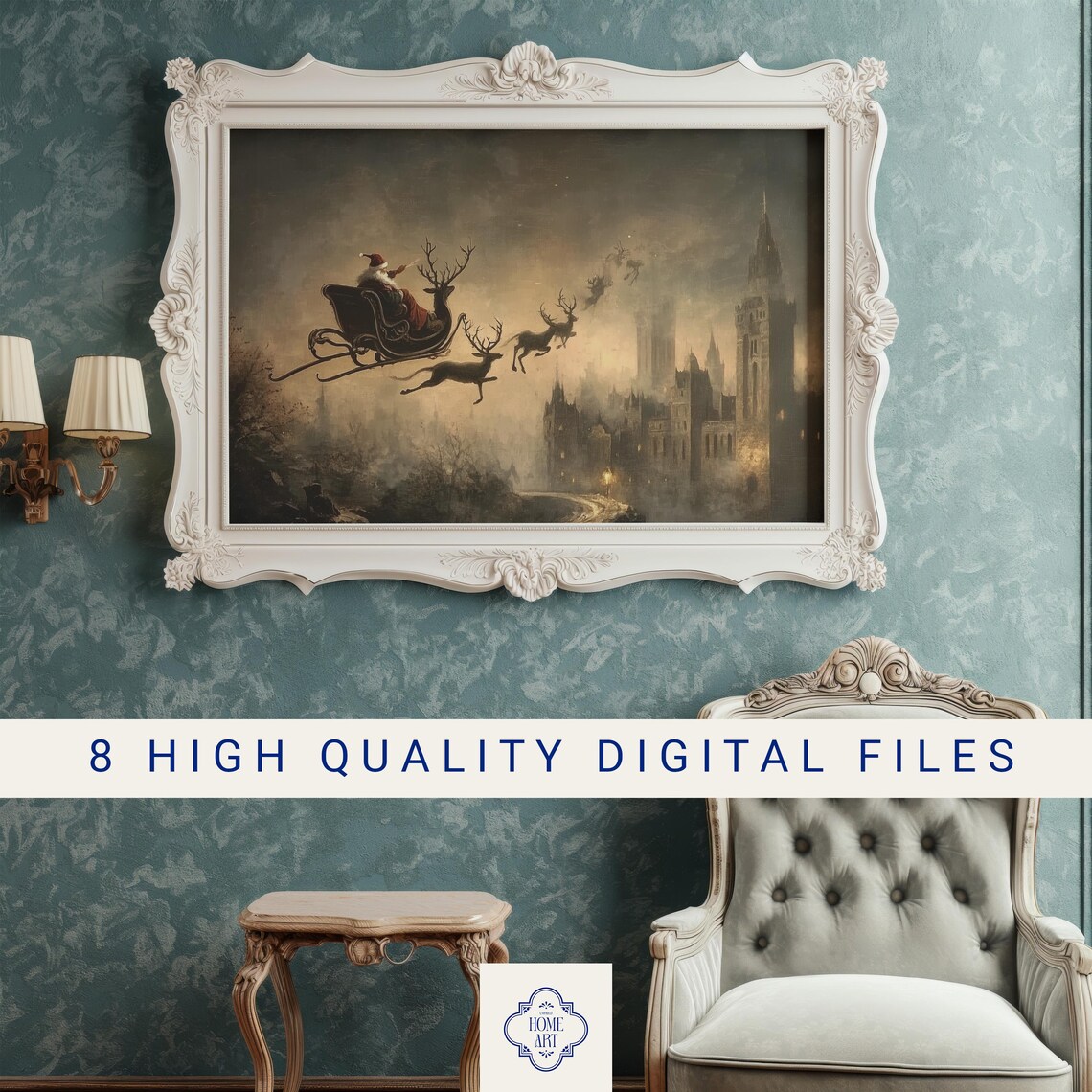 Santa Claus Sleigh With Reindeer Over Old City Vintage Night Poster - Image 3