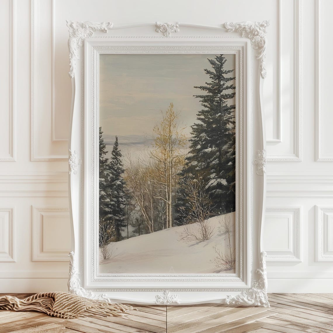 Snowy Winter Forest Hillside Vintage Landscape Oil Painting Poster