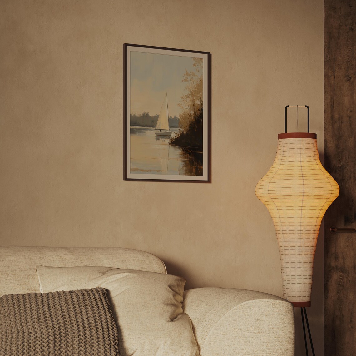 Sailboat on Calm Lake Golden Light Soft Water Vintage Nautical Poster - Image 2