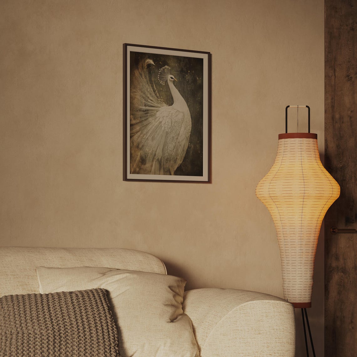 White Peacock with Flowing Tail on Dark Moody Background Art Print - Image 2