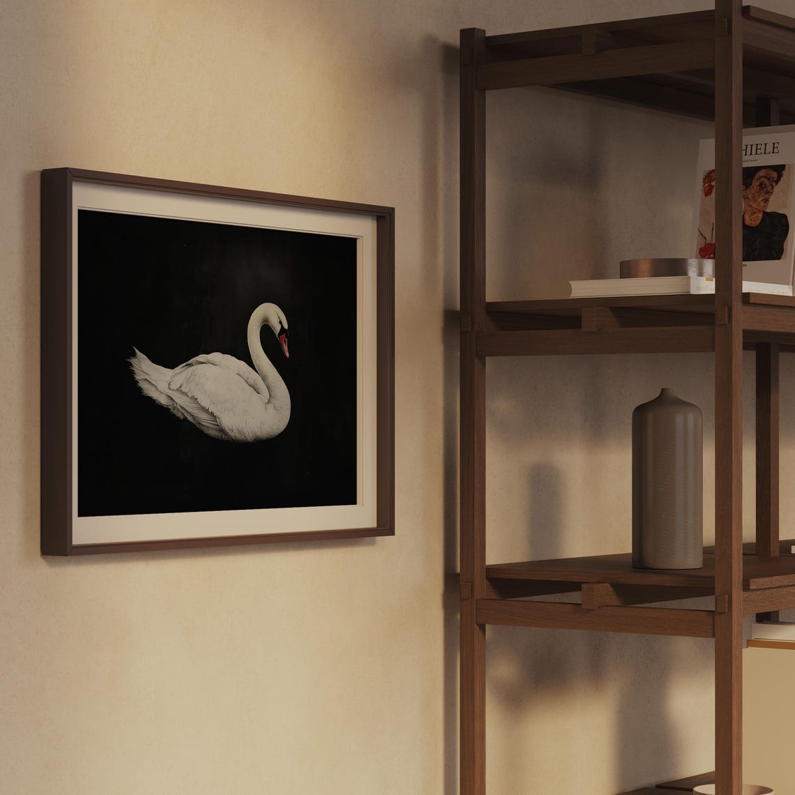 White Swan on Black Background Elegant Bird Portrait Art Print - Image 2