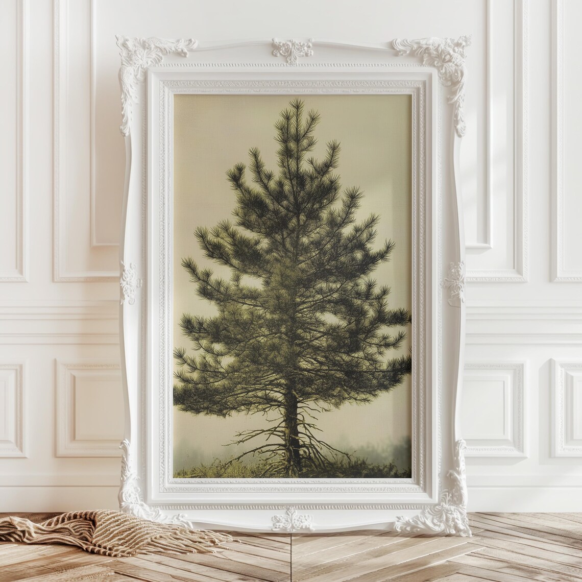 Lone Evergreen Pine Tree in Misty Fog Neutral Minimalist Nature Poster