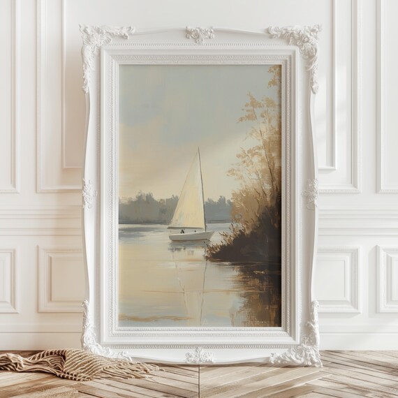 Sailboat on Calm Lake Golden Light Soft Water Vintage Nautical Poster