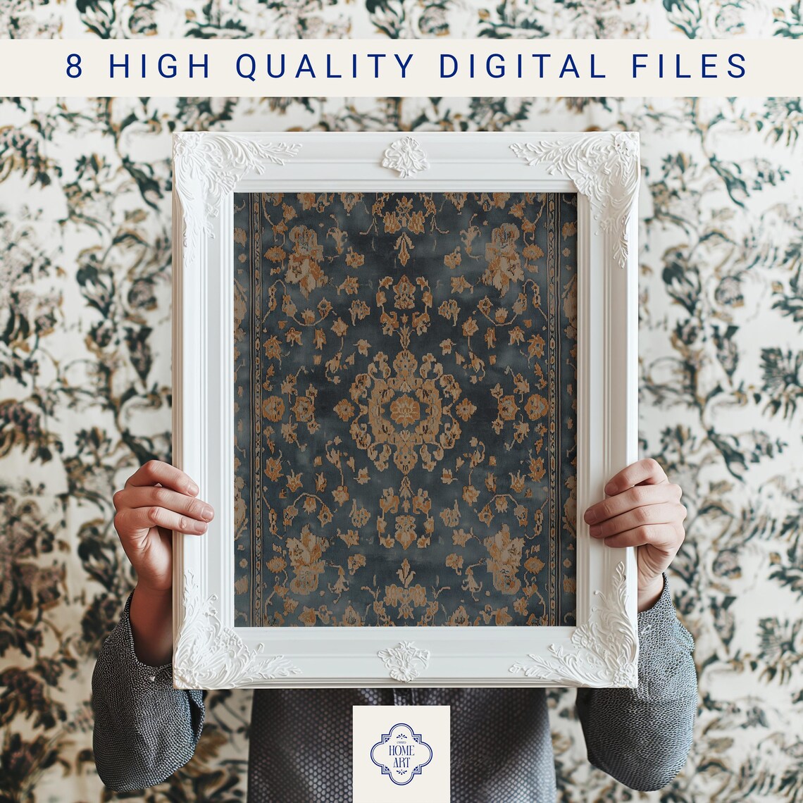 Antique Persian Rug Pattern Navy and Gold Floral Medallion Poster - Image 3