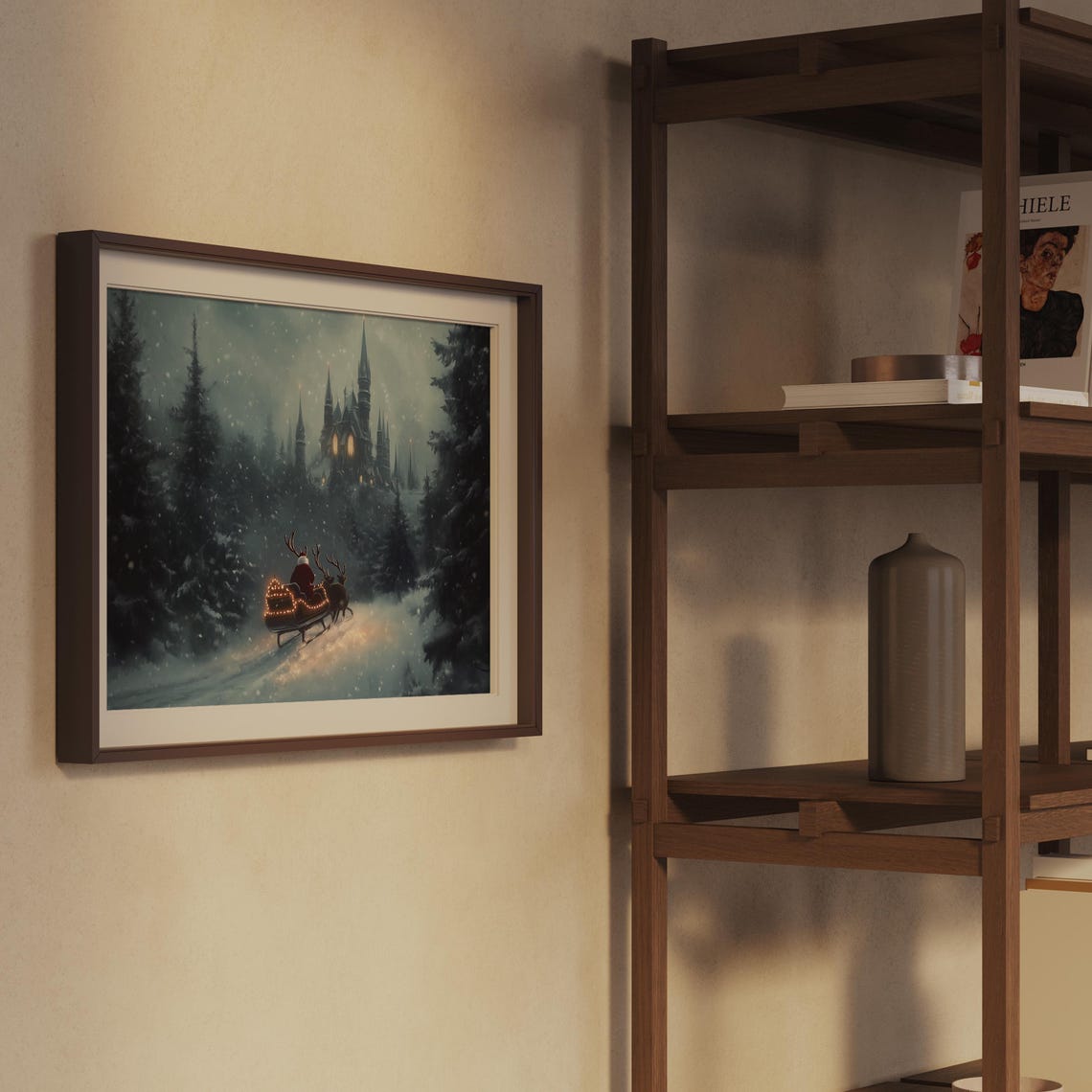 Santa Sleigh With Reindeer Heading to Dark Gothic Castle Snowy Poster - Image 2