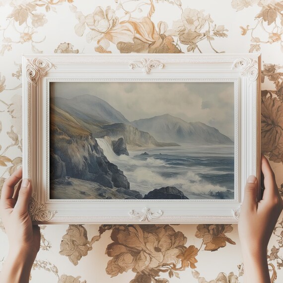 Misty Coastal Cliffs Seascape With Mountains Muted Watercolor Poster