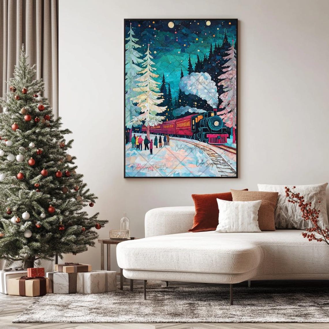 Christmas Train Snowy Station Mosaic Night Holiday Art Poster - Image 3