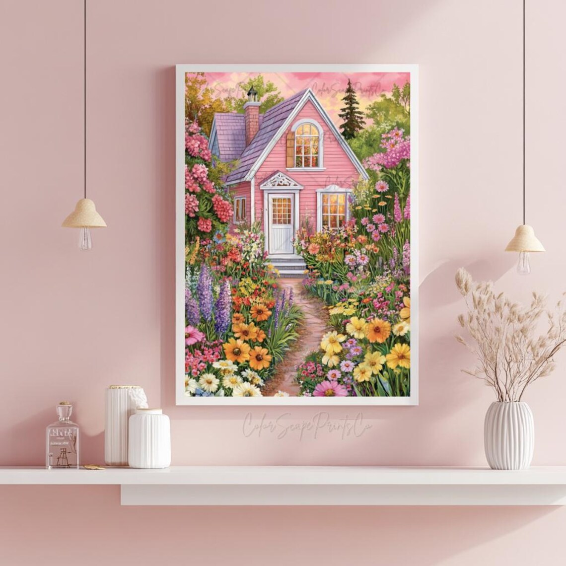 Pink Cottage With Overflowing Flower Garden Cottagecore Poster - Image 3