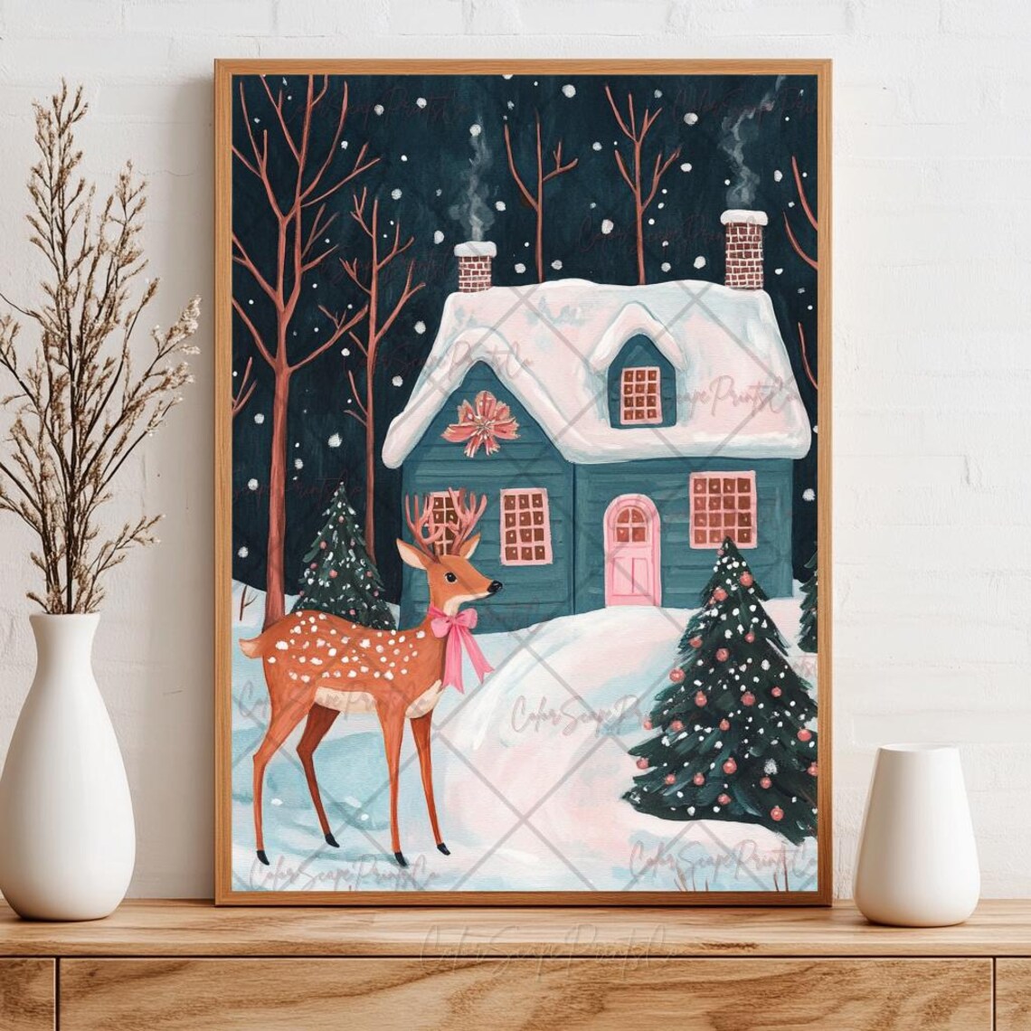 Christmas Reindeer with Pink Bow at Snowy Cabin Holiday Poster - Image 3