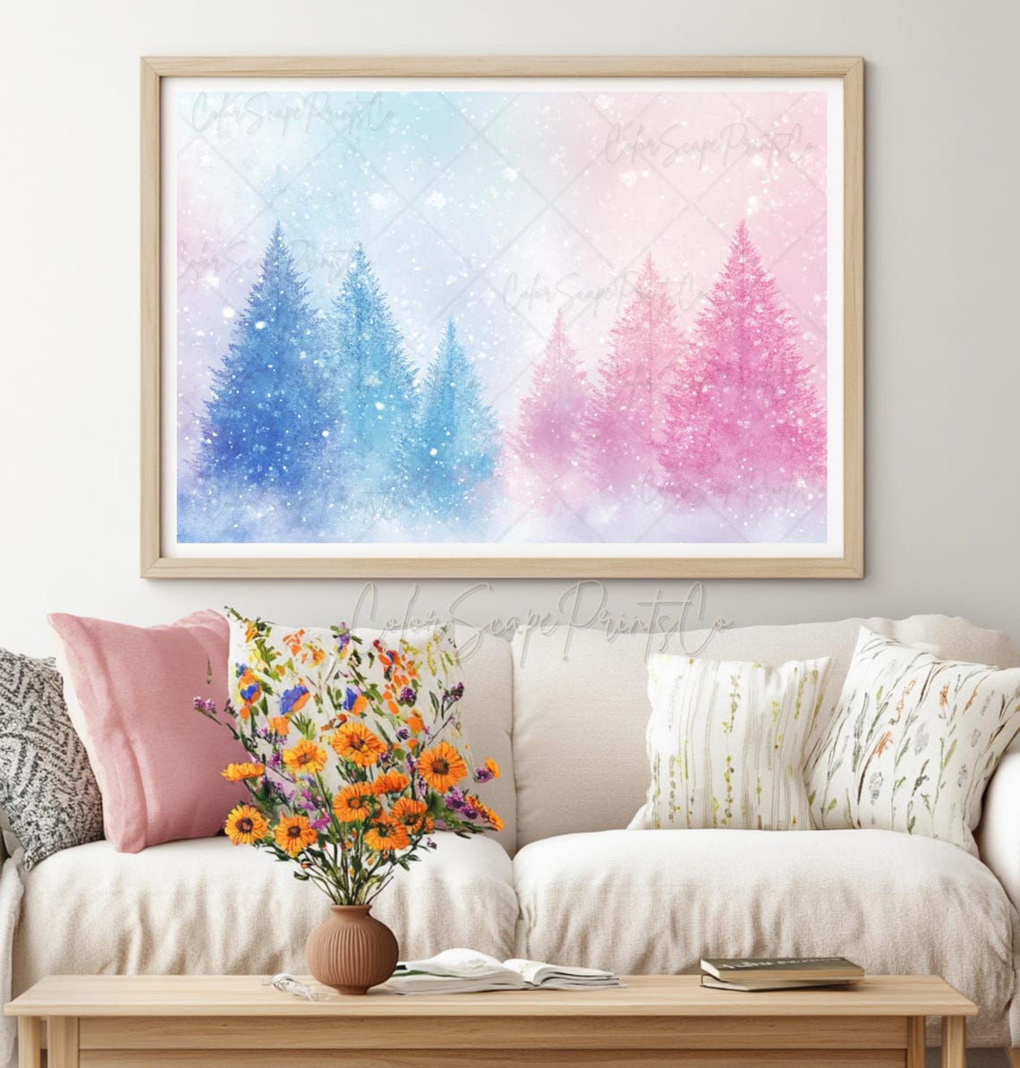 Pastel Ombre Blue Pink Pine Trees Snowy Forest Watercolor Poster - Image 4