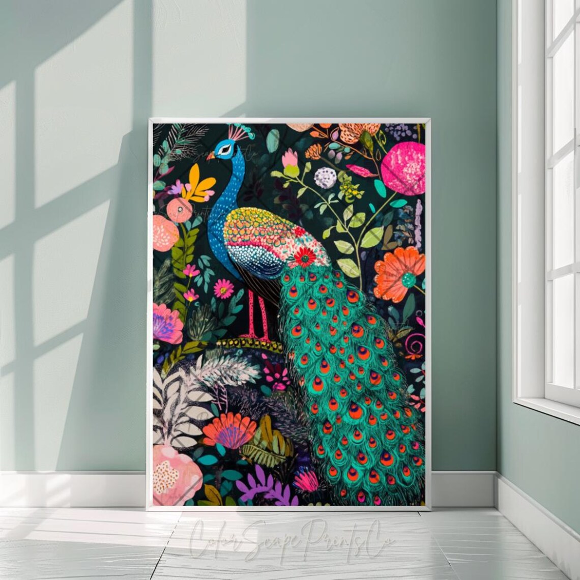 Peacock Painting, Colorful Floral Peacock Print - Image 2