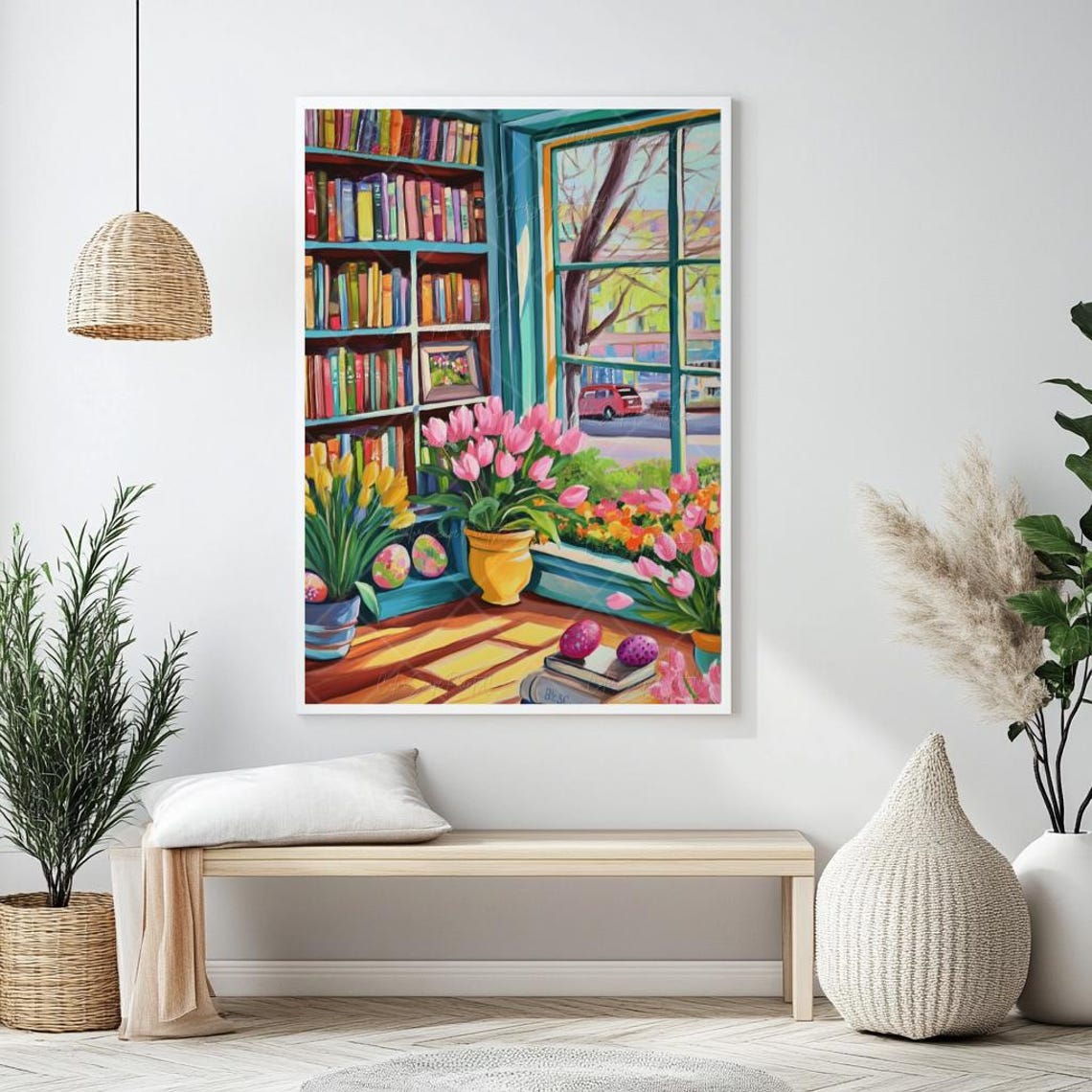Spring Bookshop Window Painting Tulips Easter Eggs Bookstore Wall Art - Image 3