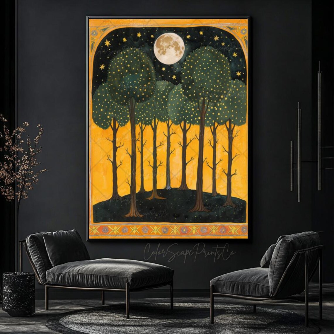 Magical Firefly Forest Full Moon Golden Night Folk Art Poster - Image 4