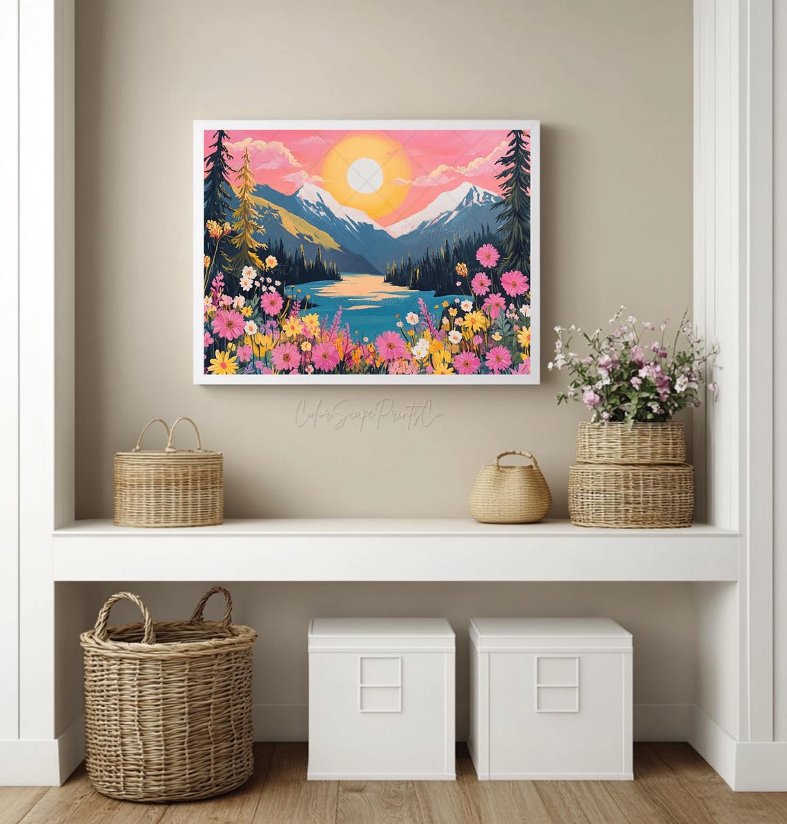 Pink Sunset Mountain Lake with Wildflowers Vibrant Landscape Poster - Image 3