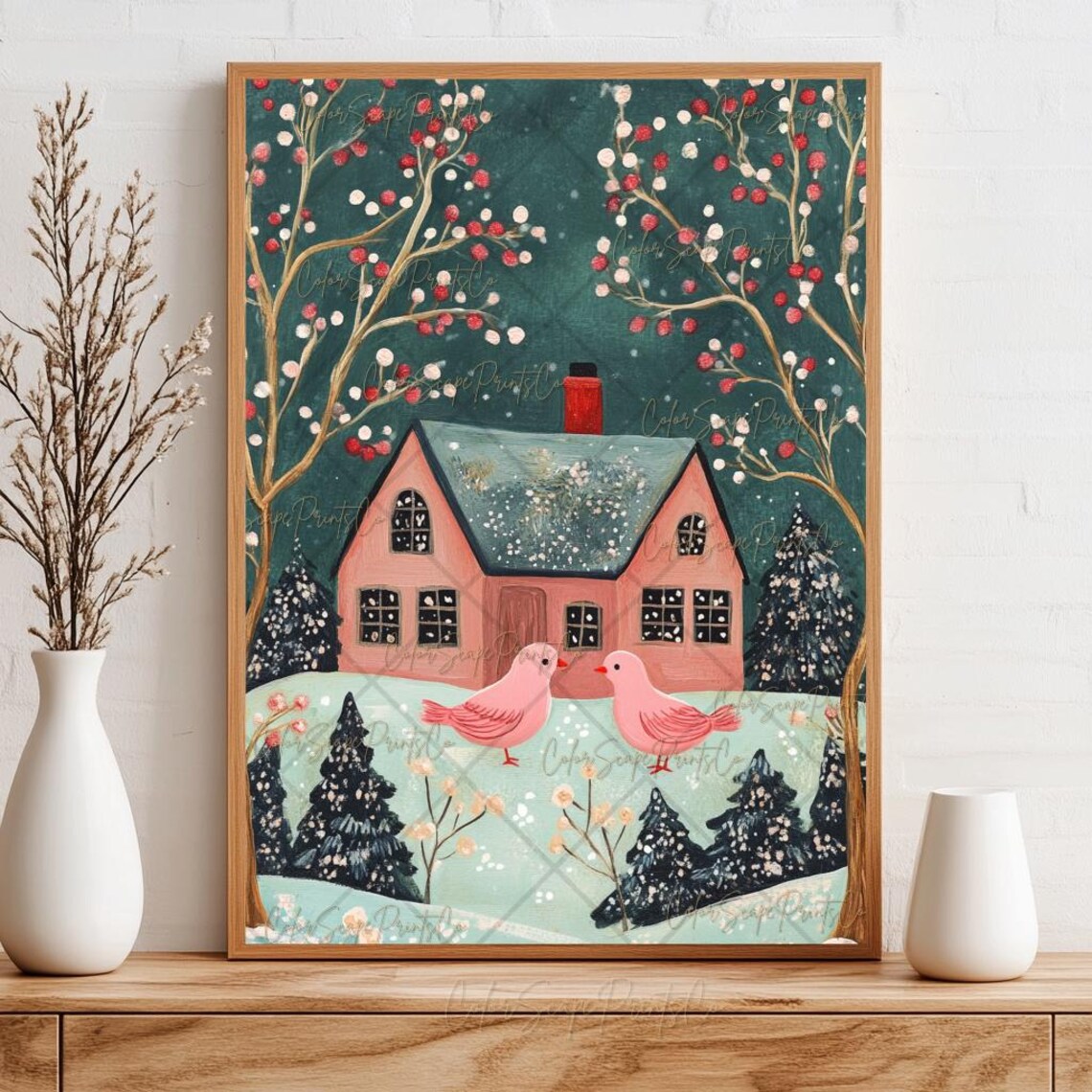 Pink Cottage with Two Pink Birds in Snowy Berry Tree Yard Art Poster - Image 4