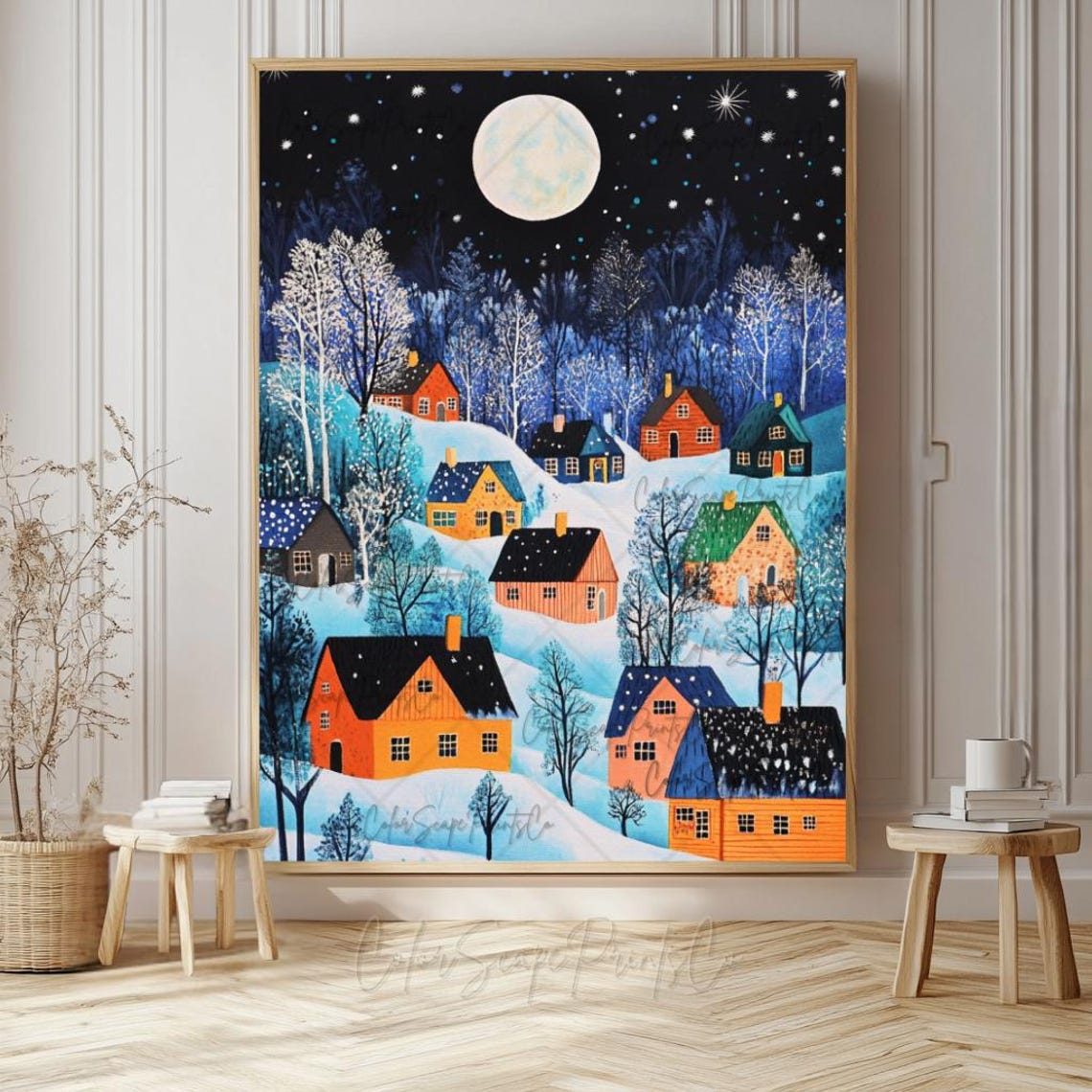 Christmas Village Wall Art Whimsical Winter Wonderland Christmas Wall Art Folk Art Christmas Snowy Landscape Winter Scene Cozy Season Print - Image 3