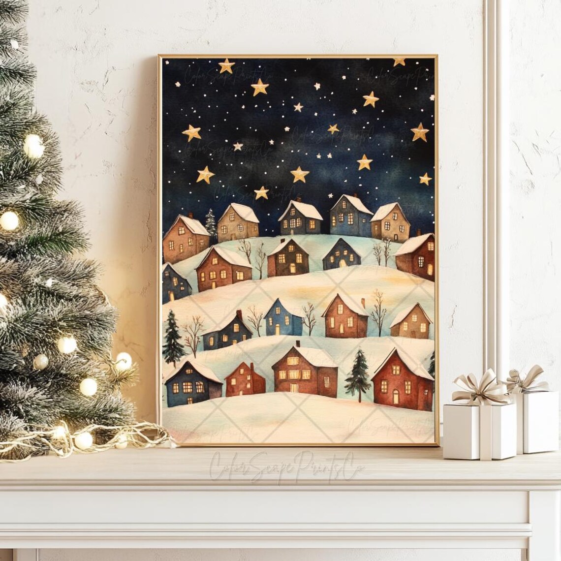 Snowy Village Hills Starry Night Sky Golden Stars Winter Poster - Image 4