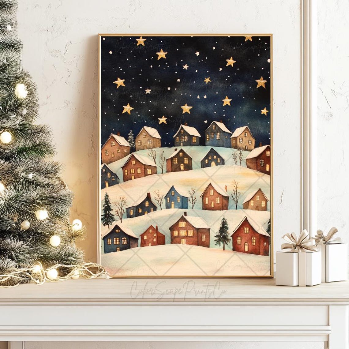 Winter Wonderland Painting Snowy Winter Village Print Starry Night Sky Print Moody Christmas Village Print Snowy Winter Sky Festive Houses - Image 4