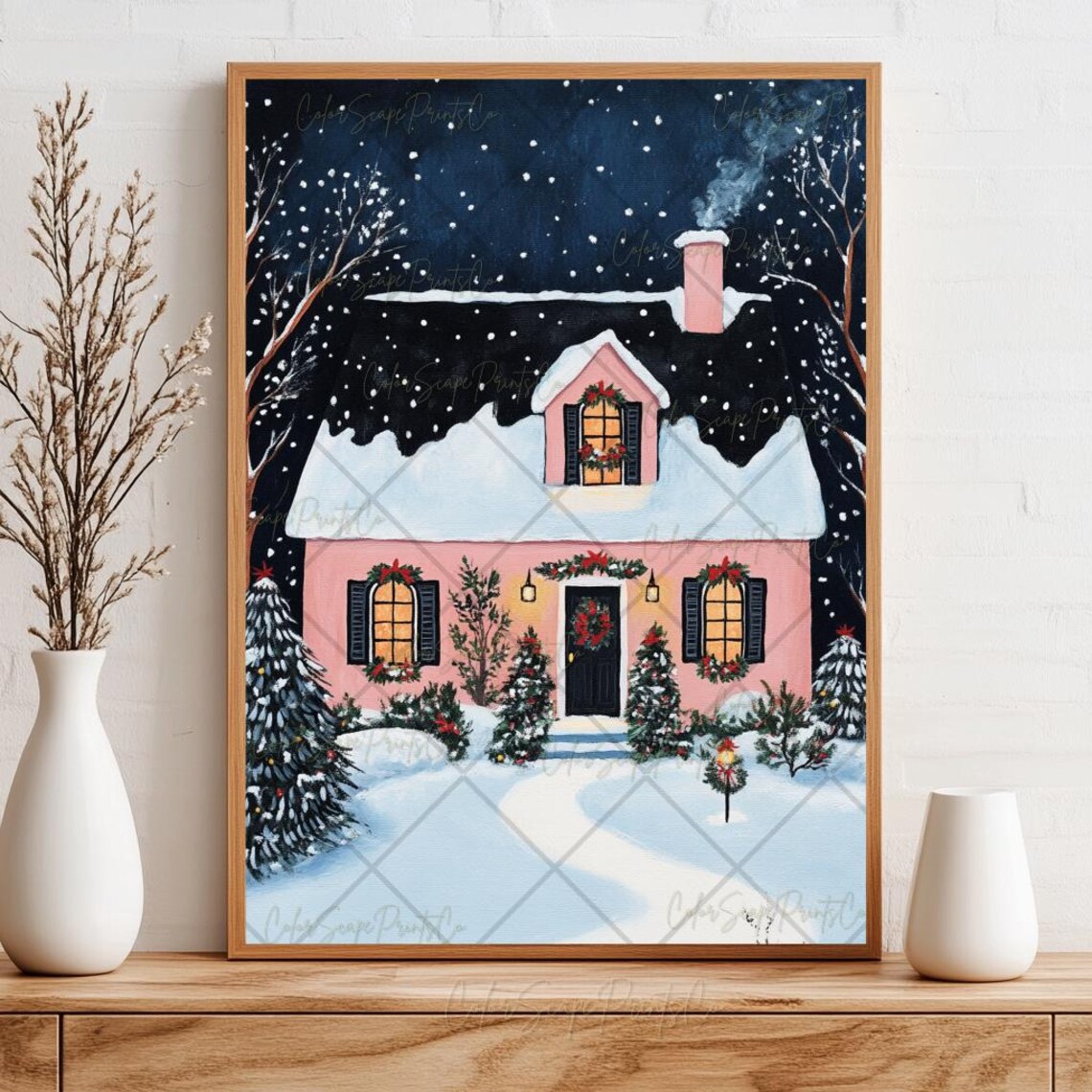 Christmas Houses Painting, Pastel Winter Village Print - Image 4