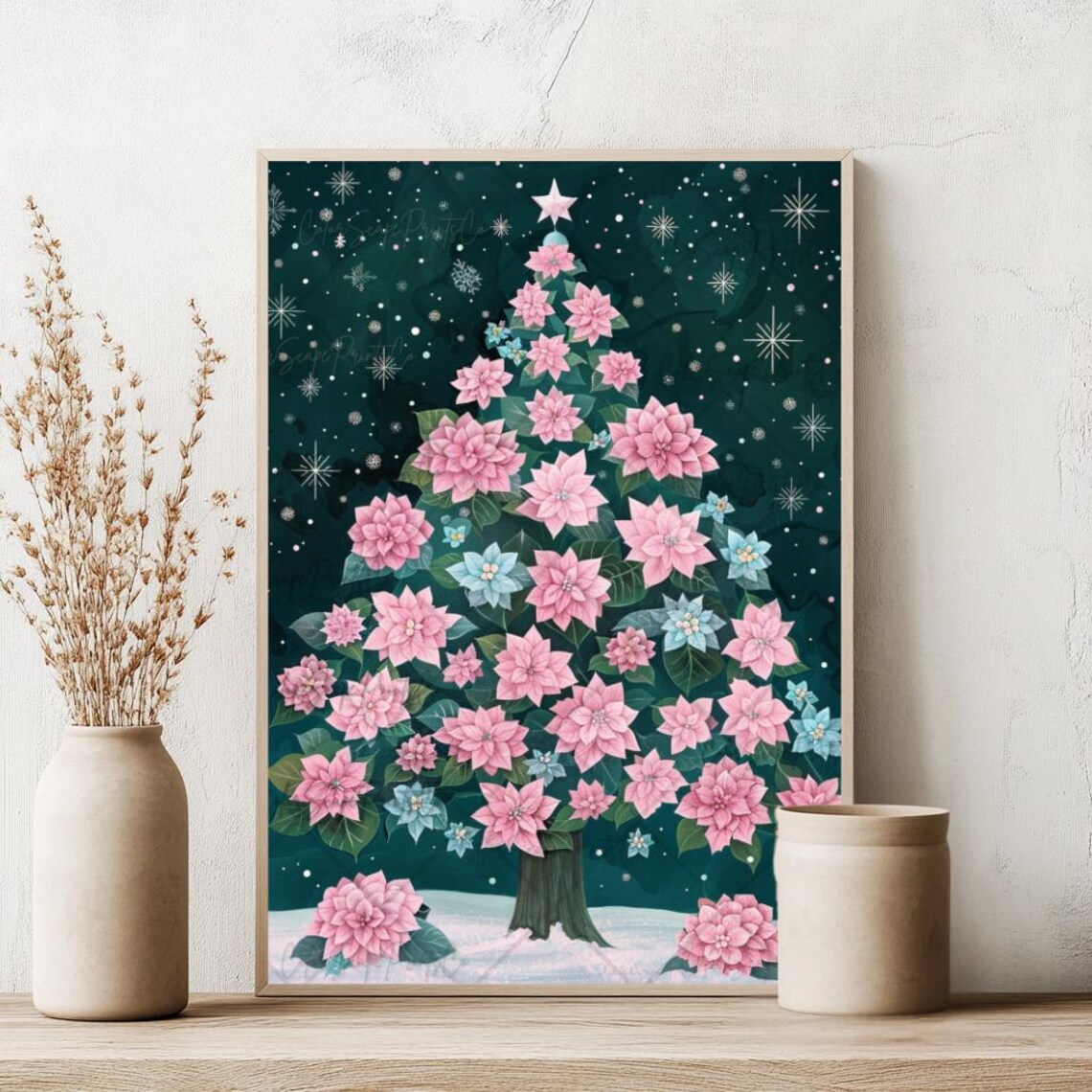 Pink Floral Christmas Tree Poinsettia Blooms Night Sky Poster - Image 3