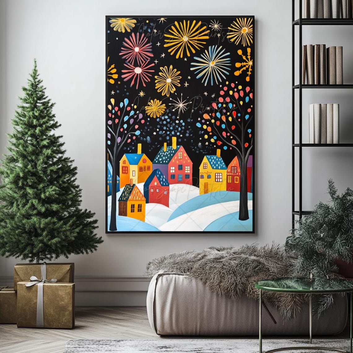 Christmas Village Wall Art Winter Wonderland Christmas Wall Art Folk Art Christmas Cozy Season Print Snowy Landscape Winter Scene - Image 4