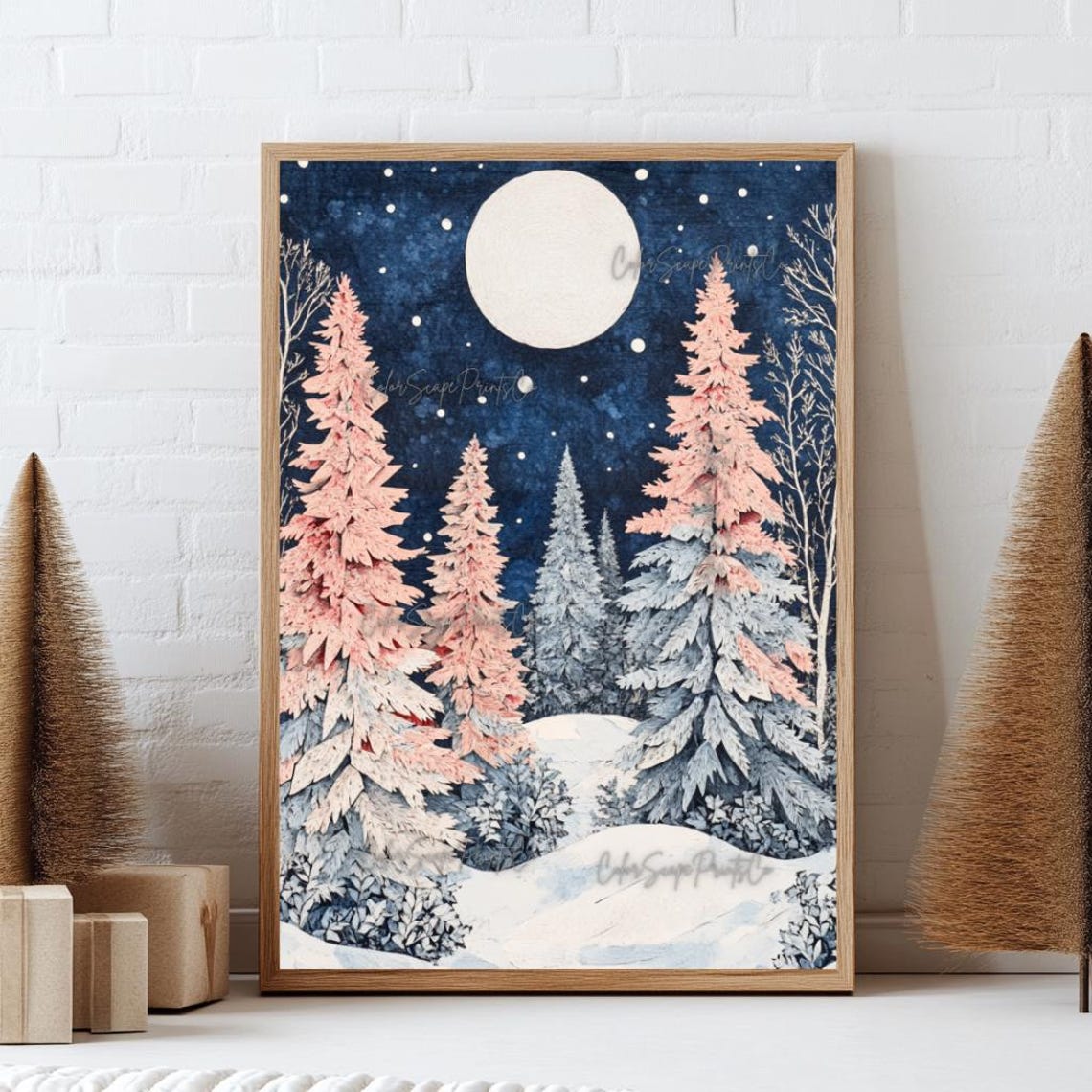 Pink Pine Trees Moonlit Snowy Forest Night Christmas Art Poster - Image 3