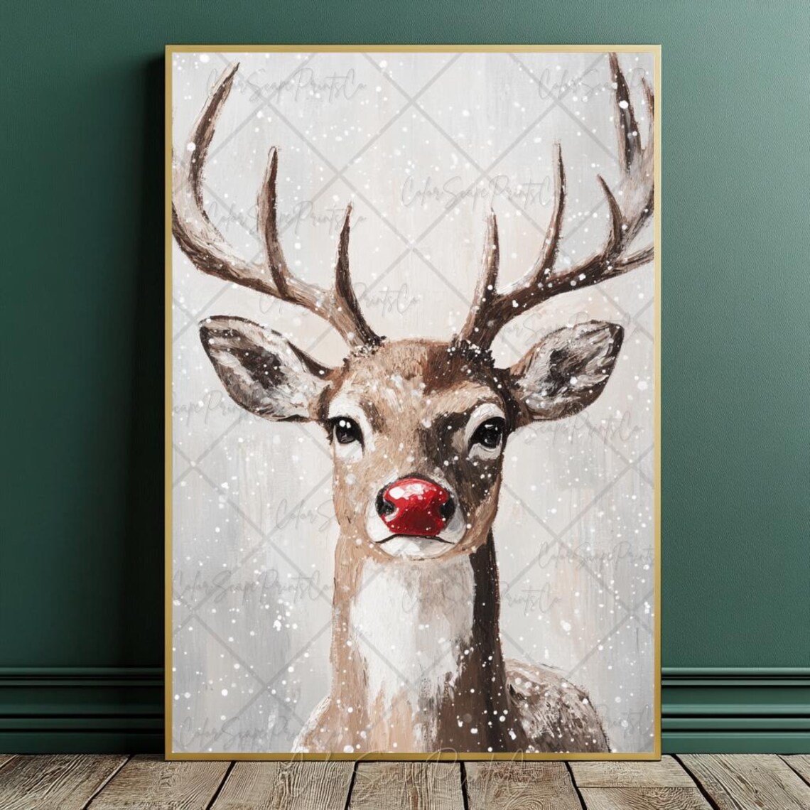 Red Nosed Reindeer Close Up Winter Snow Christmas Poster Art - Image 4