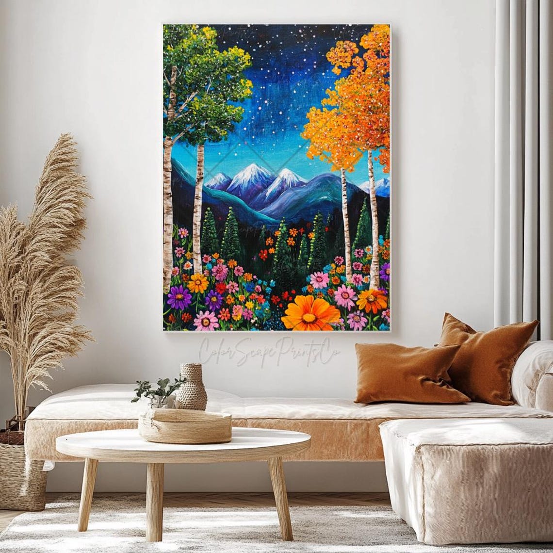 Wildflower Meadow Mountain Night Birch Trees Starry Sky Poster - Image 4