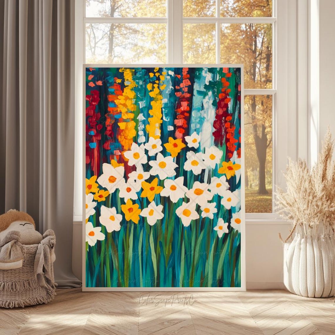 Daffodil Field Painting Bold White Yellow Flowers Impasto Wall Art - Image 2