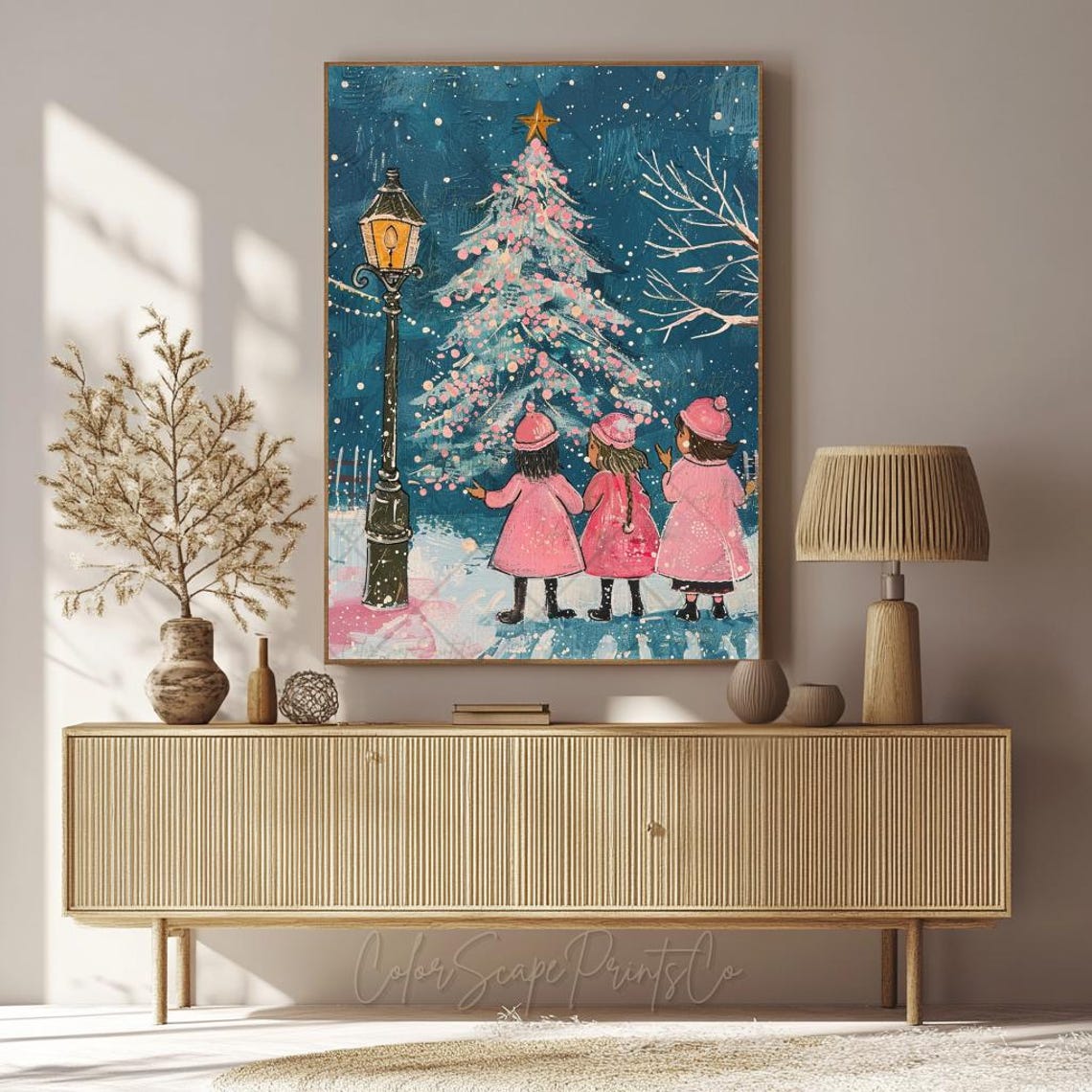 Christmas Carolers Print Caroling Girls Cozy Christmas Print Christmas Children Christmas Village Christmas Lantern Print Pink Winter Print - Image 4