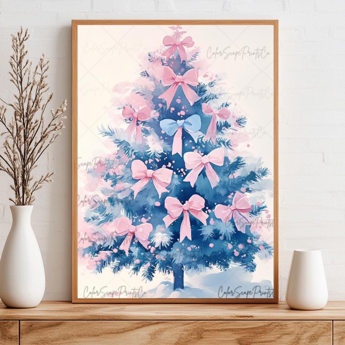 Blue Christmas Tree Pink Bows Watercolor Holiday Pastel Art Poster - Image 3