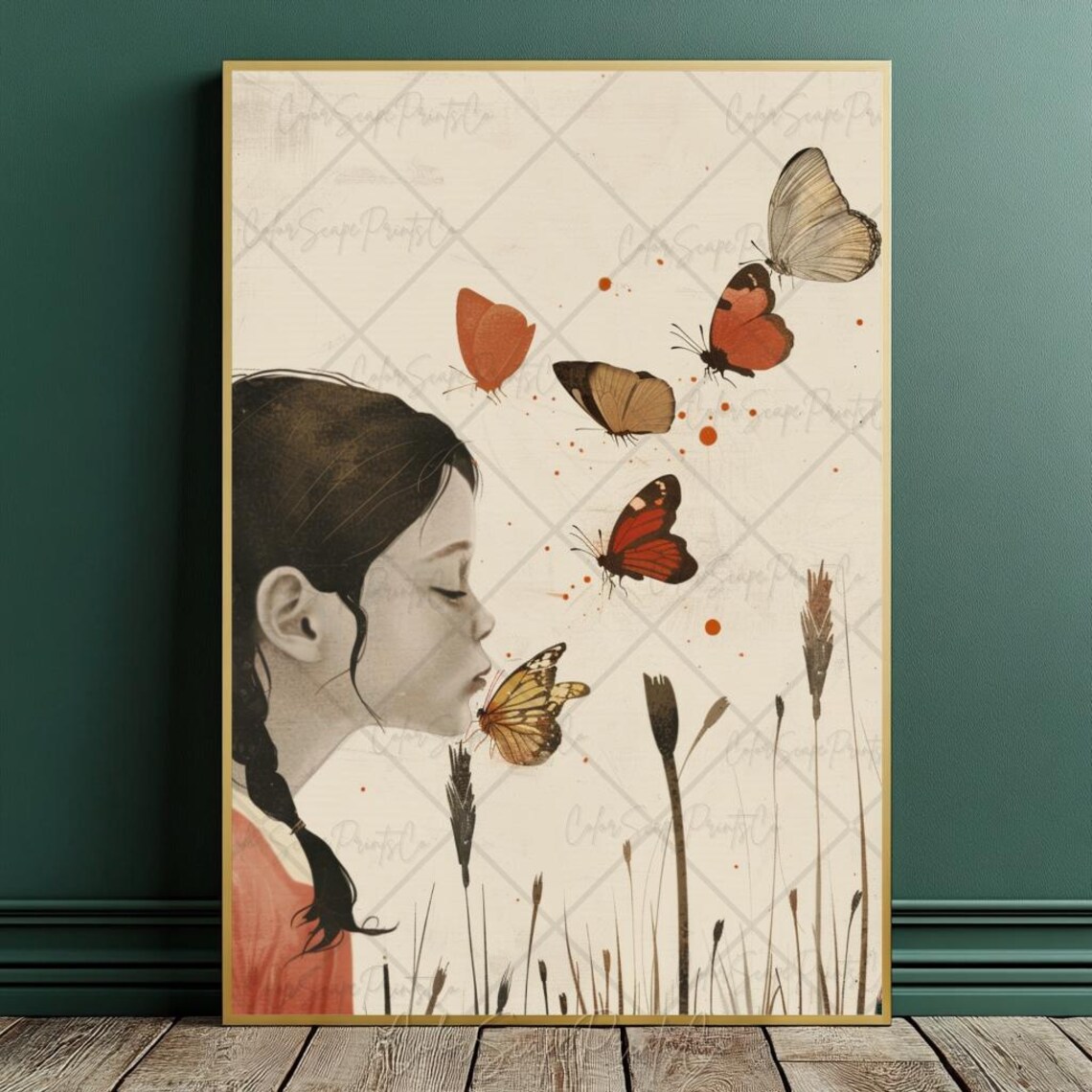 Girl And Butterflies Print Butterfly Wall Art Framed Antique Moth Painting Vintage Monarch Butterfly Print Vintage Art Prints Moody Wall Art - Image 3
