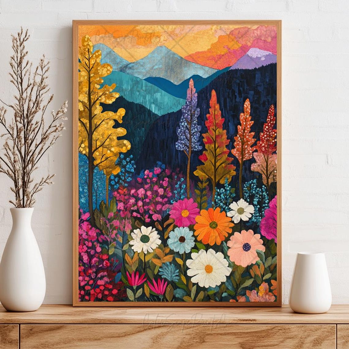 Wildflower Meadow Mountain Sunset Colorful Landscape Wall Art - Image 3