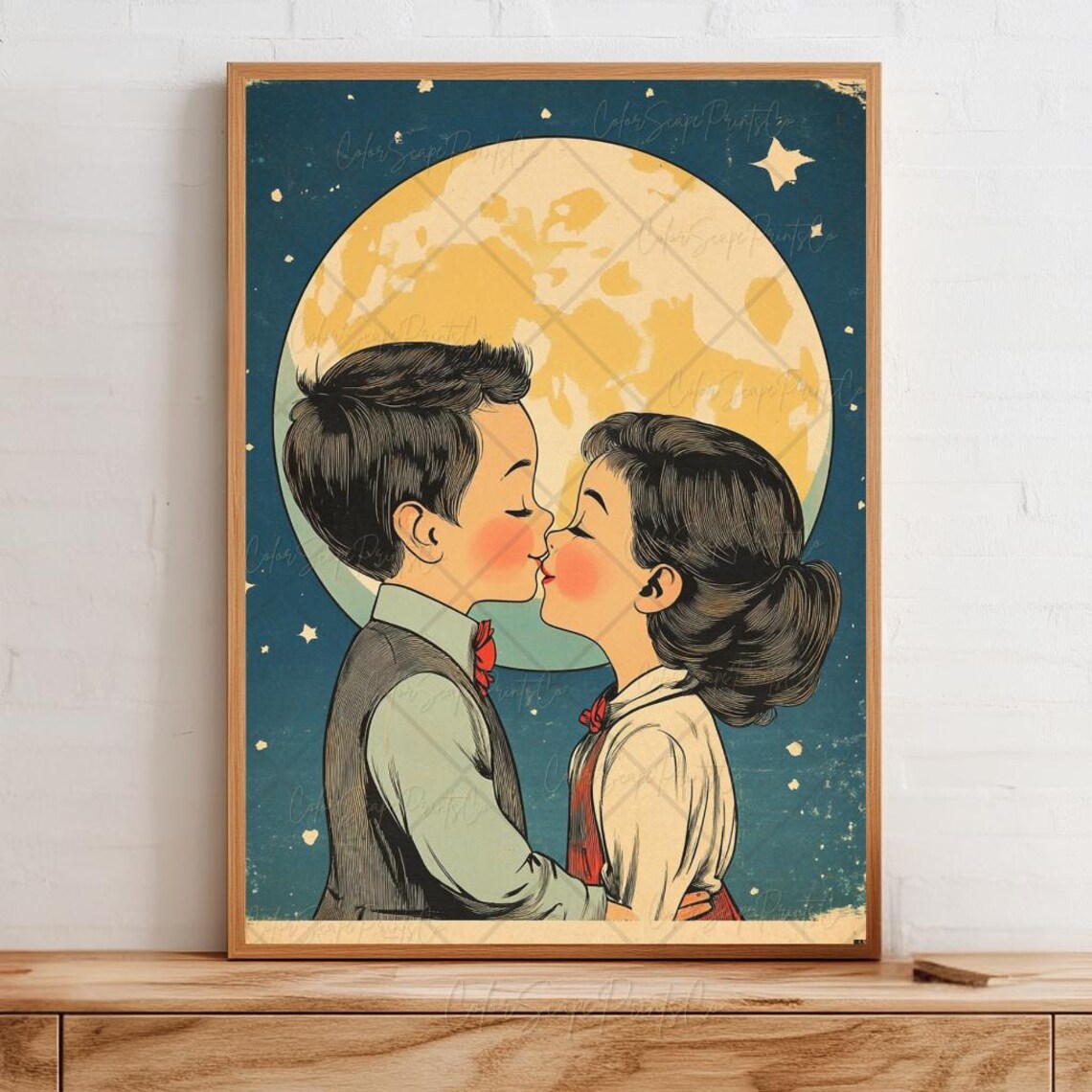 Vintage Retro Couple Kissing Under a Full Moon Night Sky Poster - Image 3