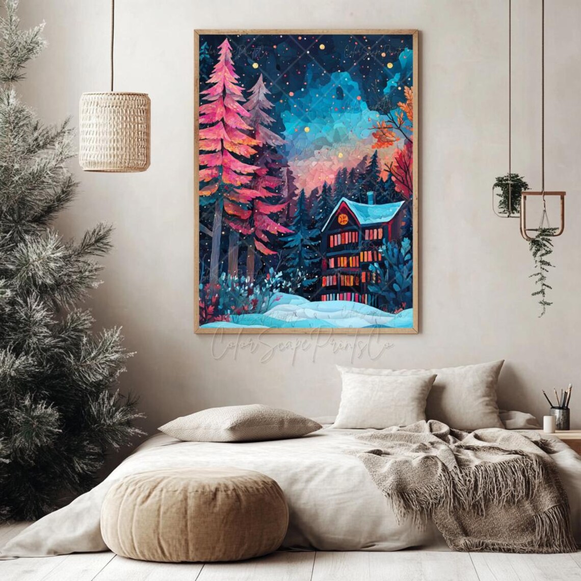Warm Lit Cabin in Snowy Woods at Night Under Colorful Aurora Sky Poster - Image 2