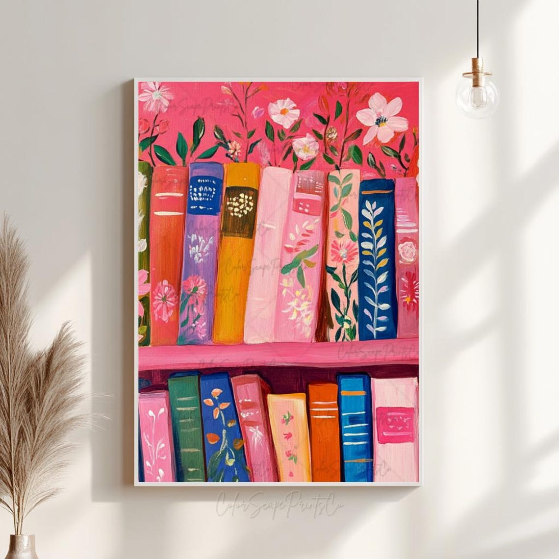 Pink Floral Bookshelf Painting Colorful Botanical Books Wall Art - Image 4