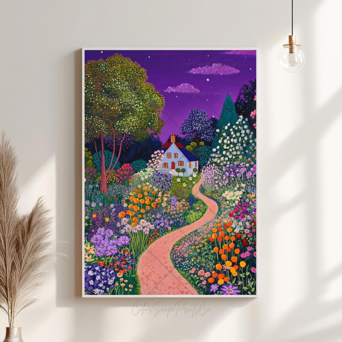 Winding Cottage Garden Path Under a Purple Night Sky Flowers Poster - Image 4