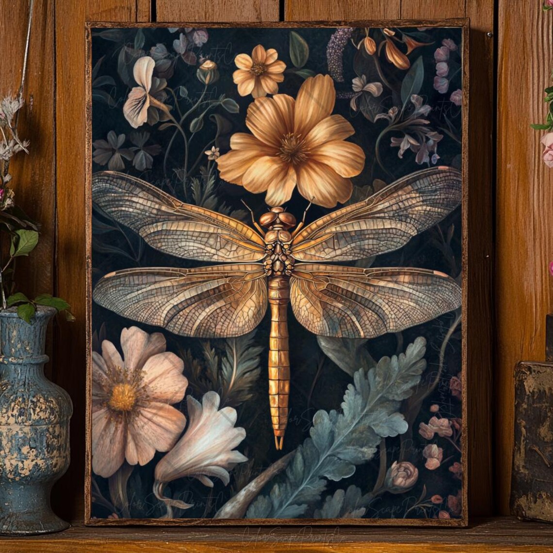 Golden Dragonfly William Morris Style Dark Floral Poster Art - Image 3