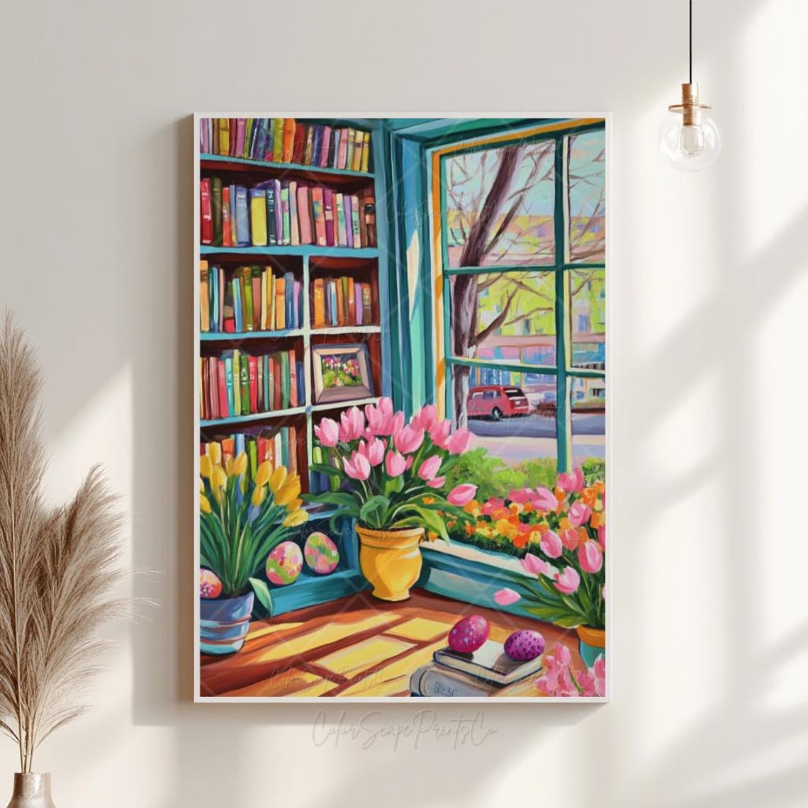 Spring Bookshop Window Painting Tulips Easter Eggs Bookstore Wall Art - Image 4