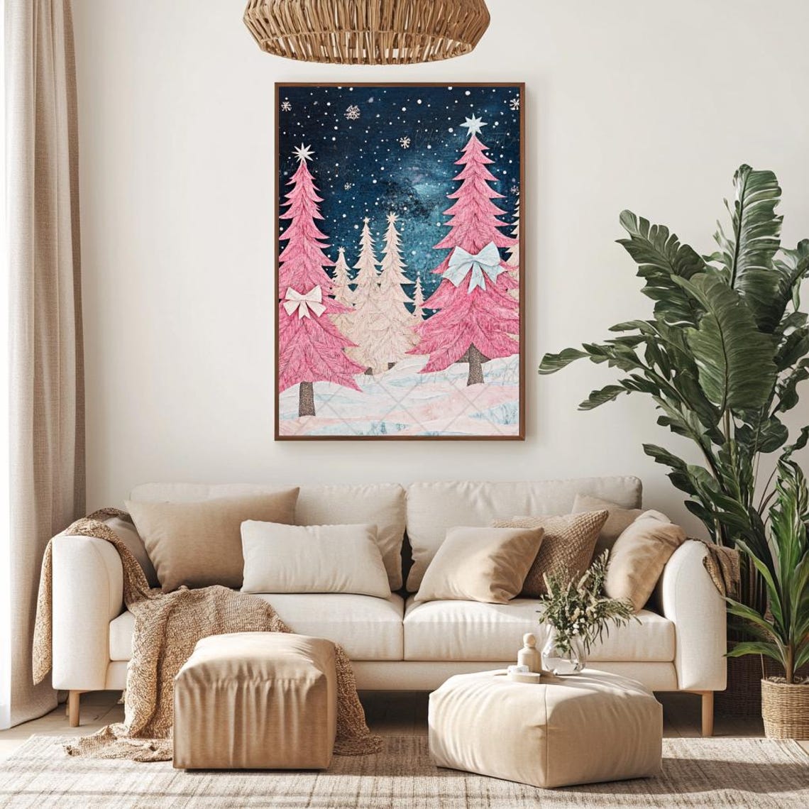 Pink Christmas Trees with Bows Under Starry Night Sky Festive Poster - Image 2