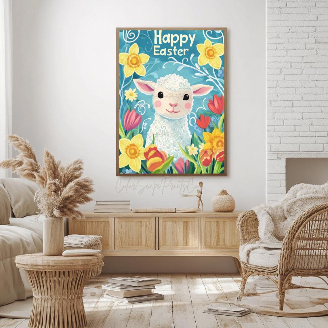 Easter Lamb Print Happy Easter Print Cute Spring Wall Art Easter Nursery Decor Pastel Animal Illustration Daffodil Tulip Flowers Easter Gift - Image 4