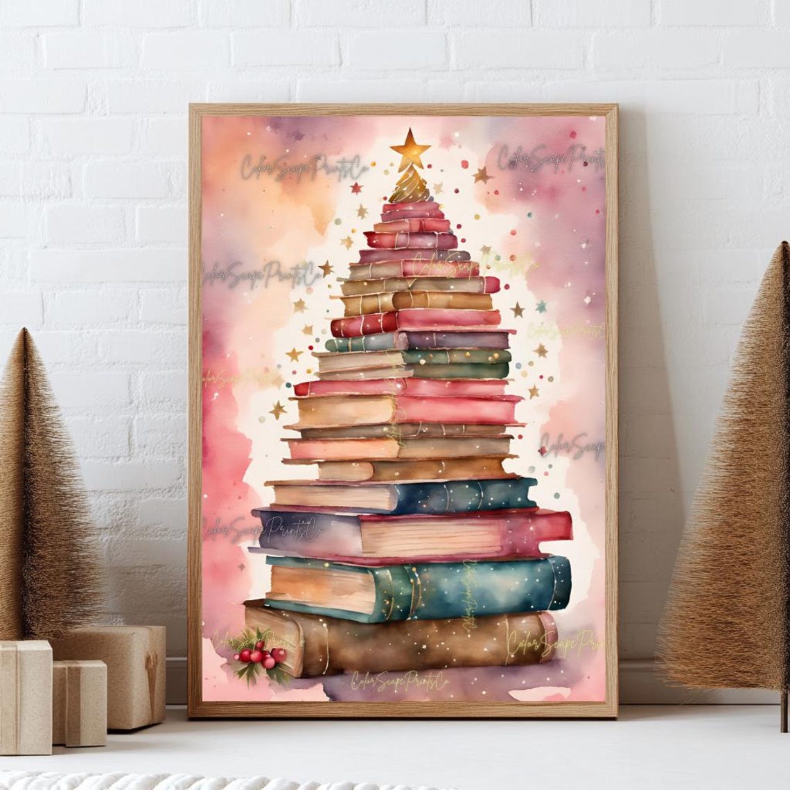 Pink Watercolor Book Stack Christmas Tree Holiday Gold Star Poster