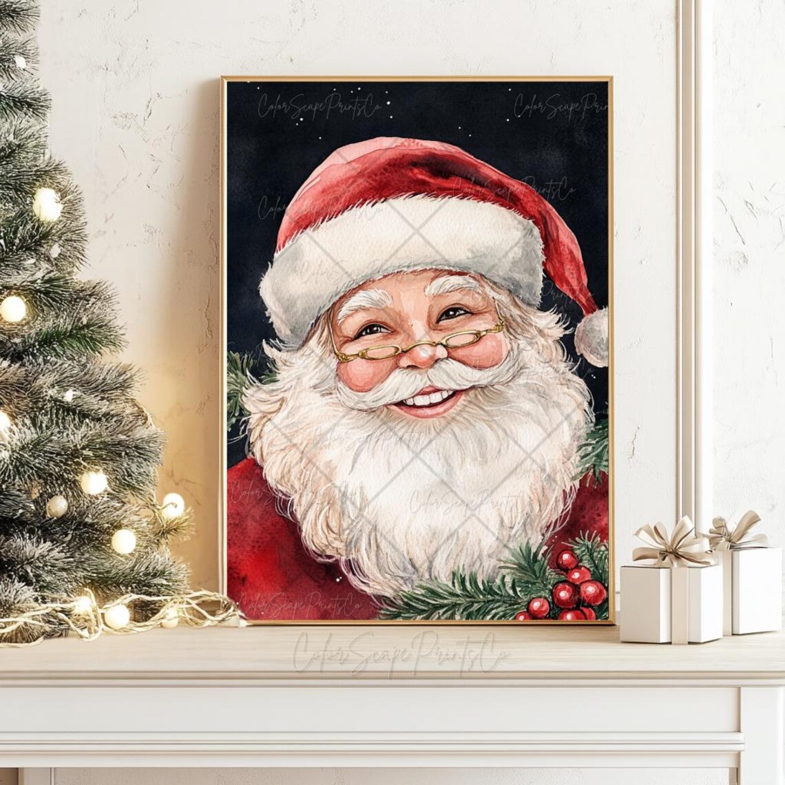 Laughing Santa Claus Portrait Glasses Starry Night Christmas Poster - Image 2