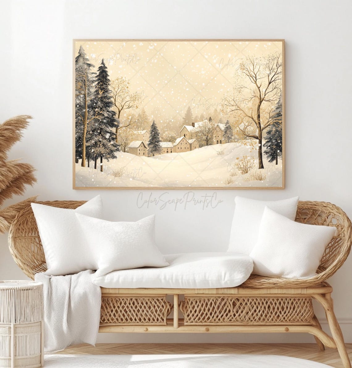 Christmas Village Winter Print Rustic Village Print Vintage Winter Art Winter Landscape Painting Snowy Pine Trees Art Winter Scene Painting - Image 2