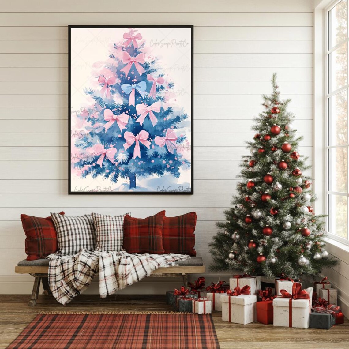 Blue Christmas Tree Pink Bows Watercolor Holiday Pastel Art Poster - Image 4